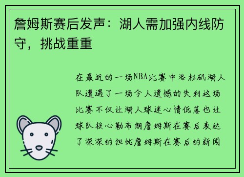 詹姆斯赛后发声：湖人需加强内线防守，挑战重重