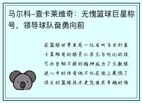 马尔科-查卡莱维奇：无愧篮球巨星称号，领导球队奋勇向前