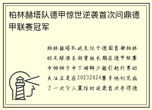 柏林赫塔队德甲惊世逆袭首次问鼎德甲联赛冠军