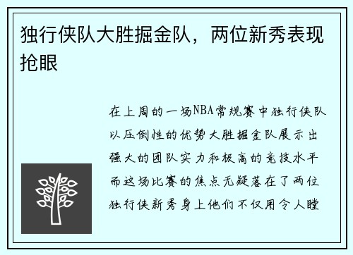 独行侠队大胜掘金队，两位新秀表现抢眼