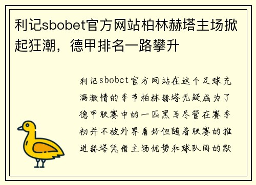 利记sbobet官方网站柏林赫塔主场掀起狂潮，德甲排名一路攀升